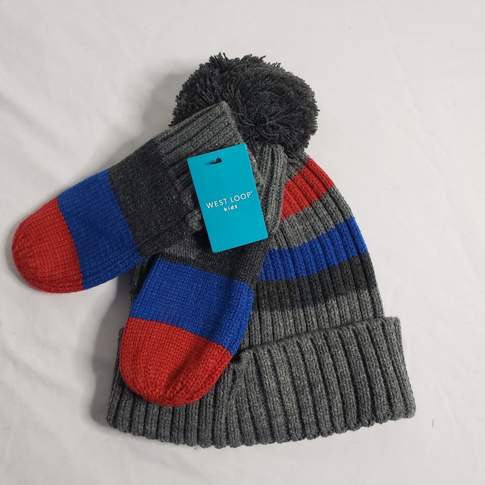 West Loop Kids One Size Winter Hat & Glove Set Gray Blue Red Stripe‎ Neutral New